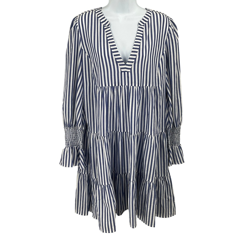 Pomander Place Dress Womens L Blue White Cotton Striped Tiered Boho Mini‎ Preppy